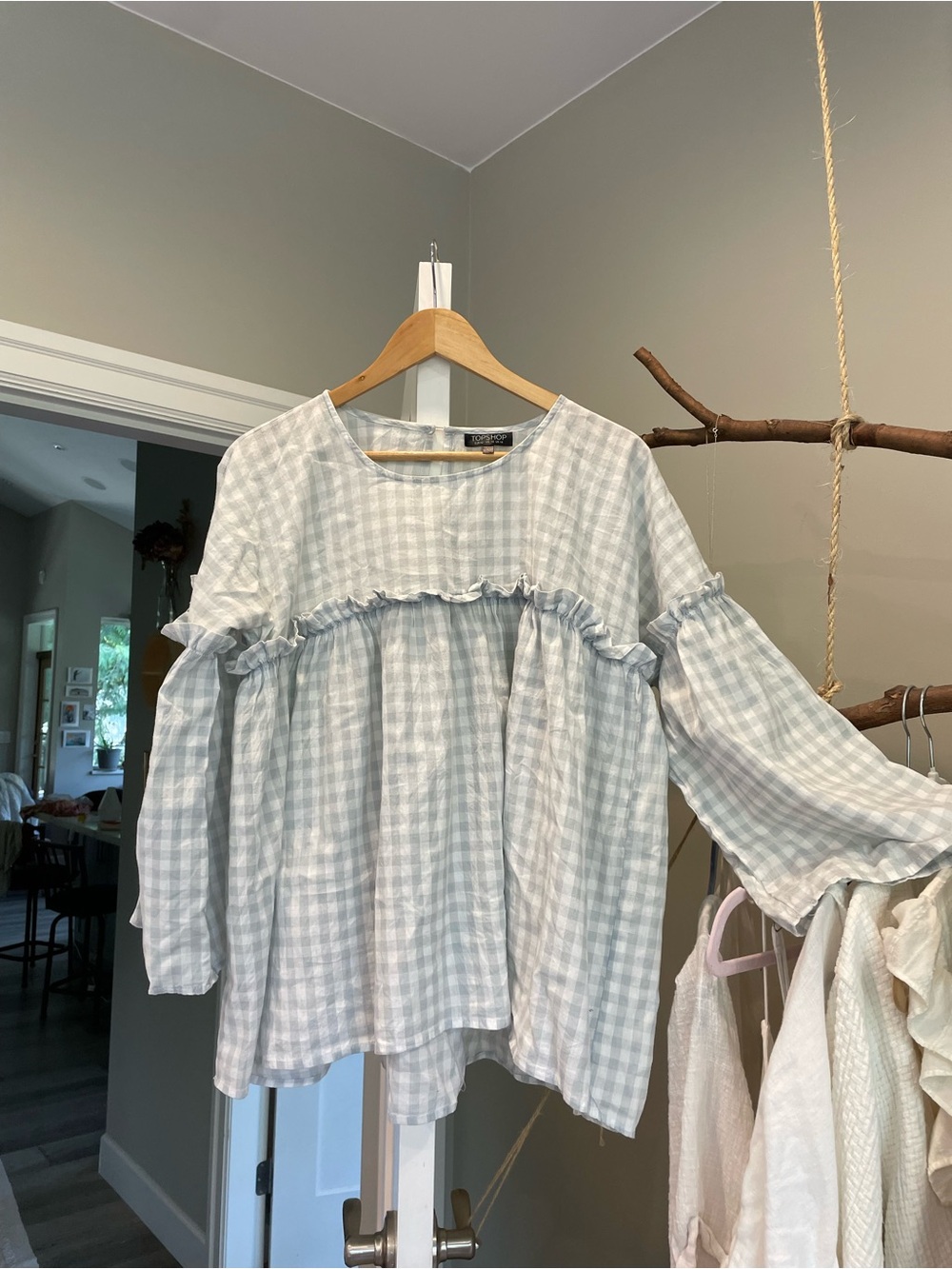 Top shop cotton Light Blue Gingham Ruffle Peasant Blouse oversized
